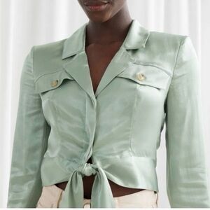 & Other Stories Cropped Tie-Front Button Shirt - Mint Green Size 4